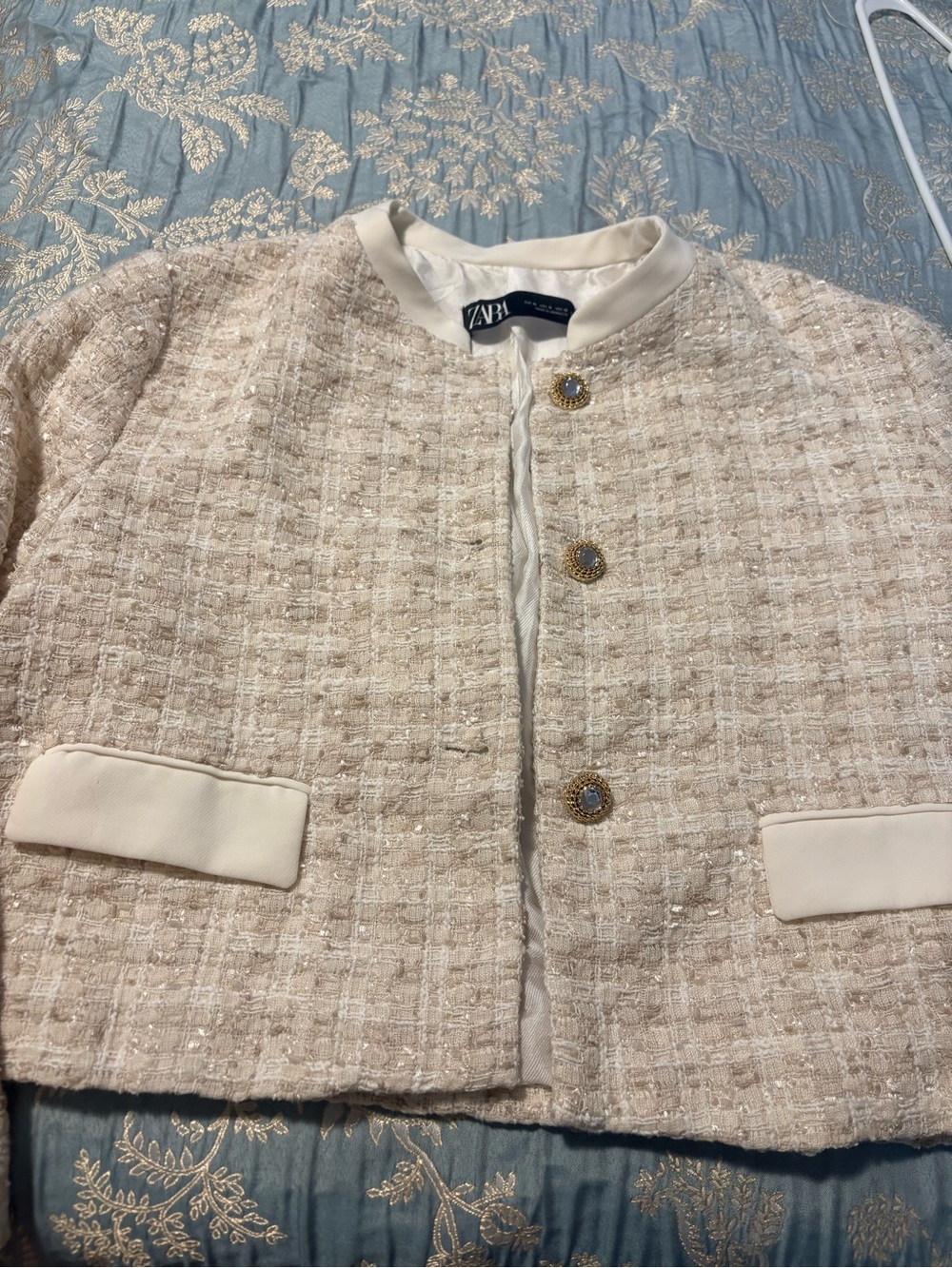 Zara Cream Tweed Collarless Blazer with Gold Buttons